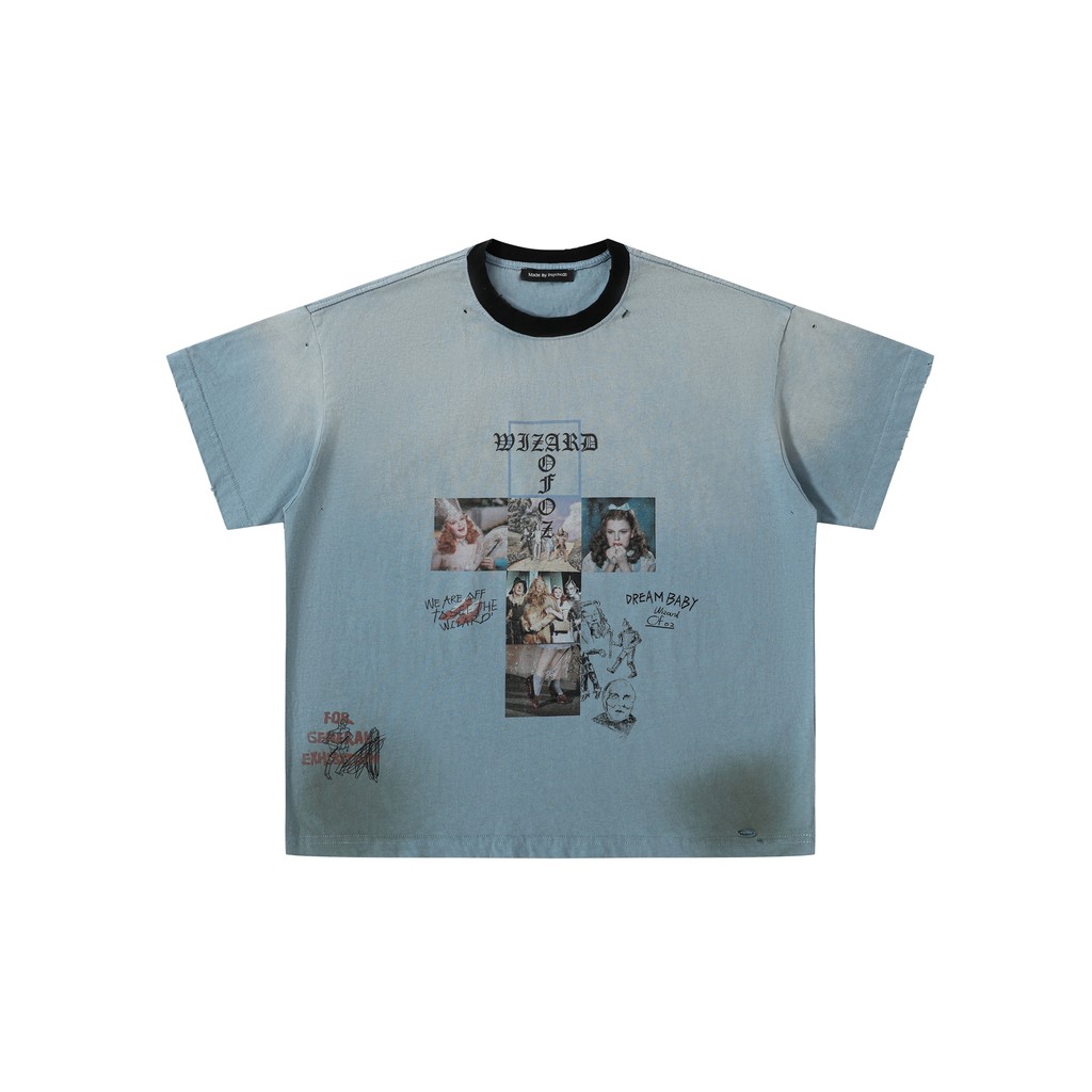 PSYCHO21 The Wizard of Oz Washed Retro Distressed Hole Impresso Curto Largo American Street Trendy Camiseta de manga cur