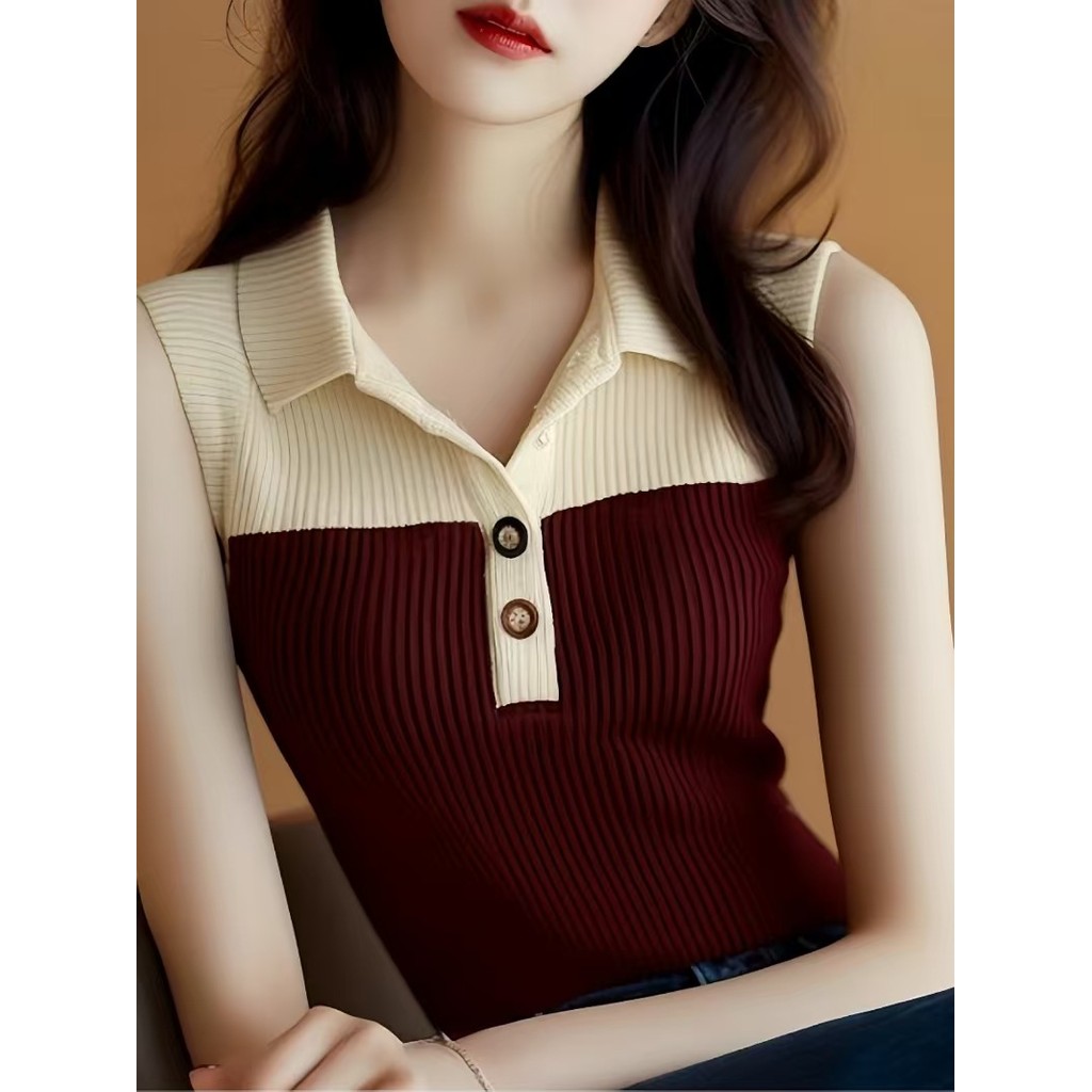 Polo polo gola colete de malha estilingue verão francês quente menina camisola de malha leve sem mangas topo High-End go