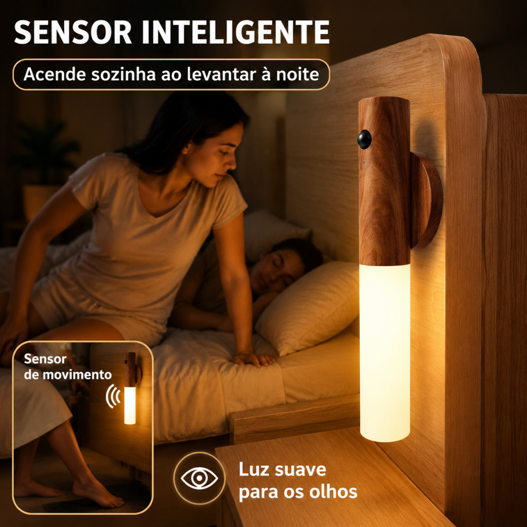 Kit 2/3/4 Luminaria Luz Led Recarregável Sensor de Movimento Arandela de Madeira Minimalist Mesa Parede Magnética