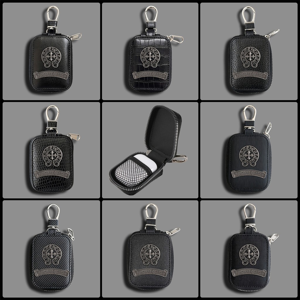 Capa de couro com insígnia metálica para AirPods Pro 1/2/3/4, fone Bluetooth ANC, porta-chaves e moedas universal