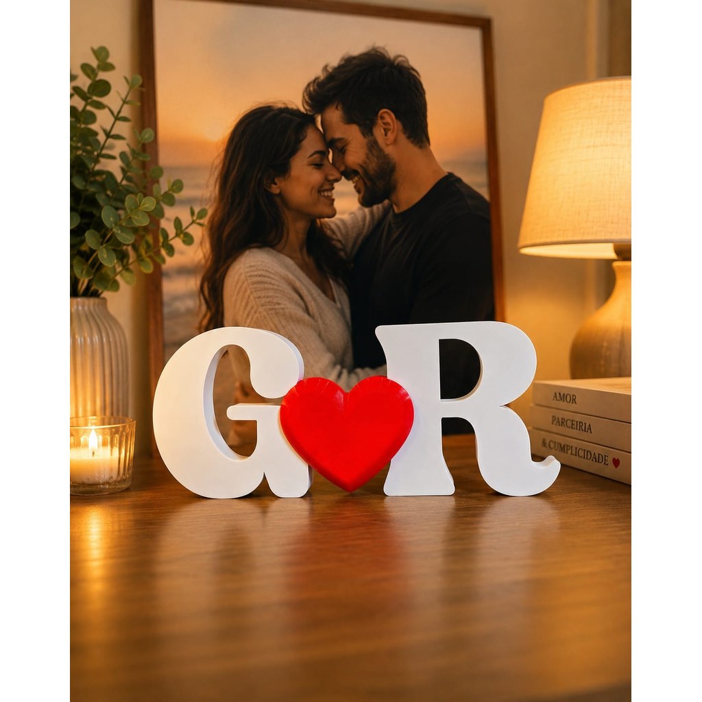 Letras Decorativas Iniciais Personalizadas com Coração 3D Presente Romântico Namorados