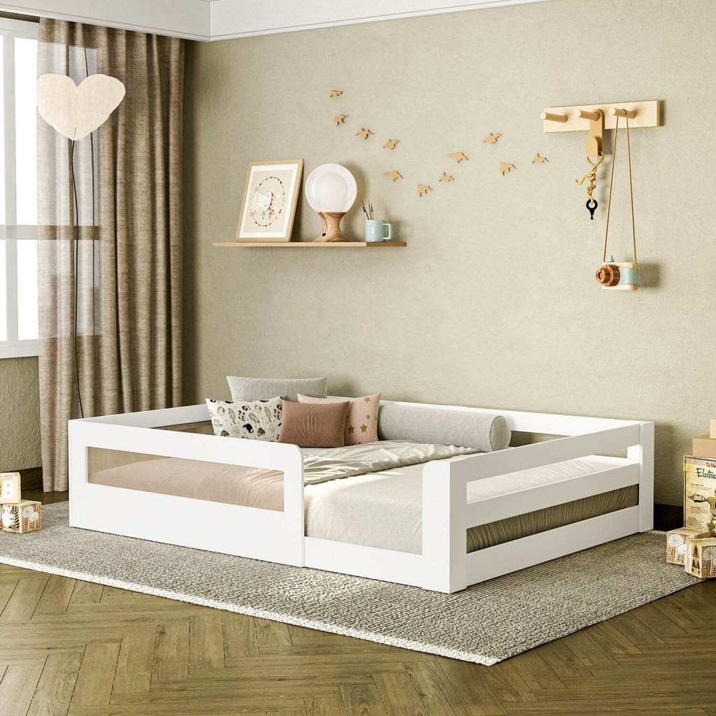 Cama Montessoriana Infantil Space Casal com Rattan e Grade de Segurança Casatema MadeiraOriginals Branco Casal