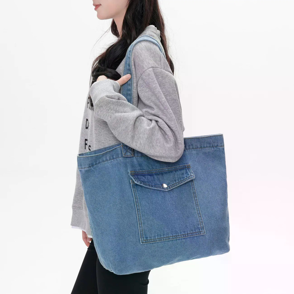 Bolsa Tote jeans feminina de grande capacidade, bolsa de ombro simples Casual, bolsa de lona combinada