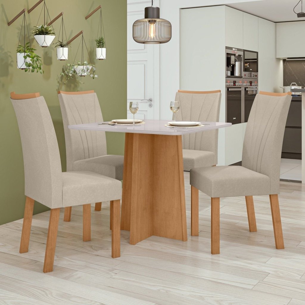 Conjunto Sala de Jantar 4 Cadeiras Tampo de Vidro Celebrare Apogeu Bege Amêndoa Clean/Off White/Creme Amêndoa