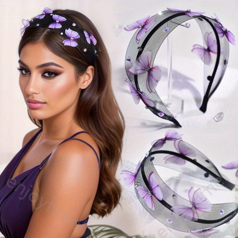 1 peça de elegante tiara de malha preta em estilo vintage com borboleta roxa e strass, acessório de cabelo romântico, ac