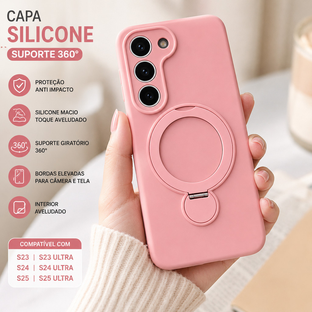 Capa Samsung Galaxy S23 S24 S25 Ultra Premium Silicone Macio com Suporte 360° Pr