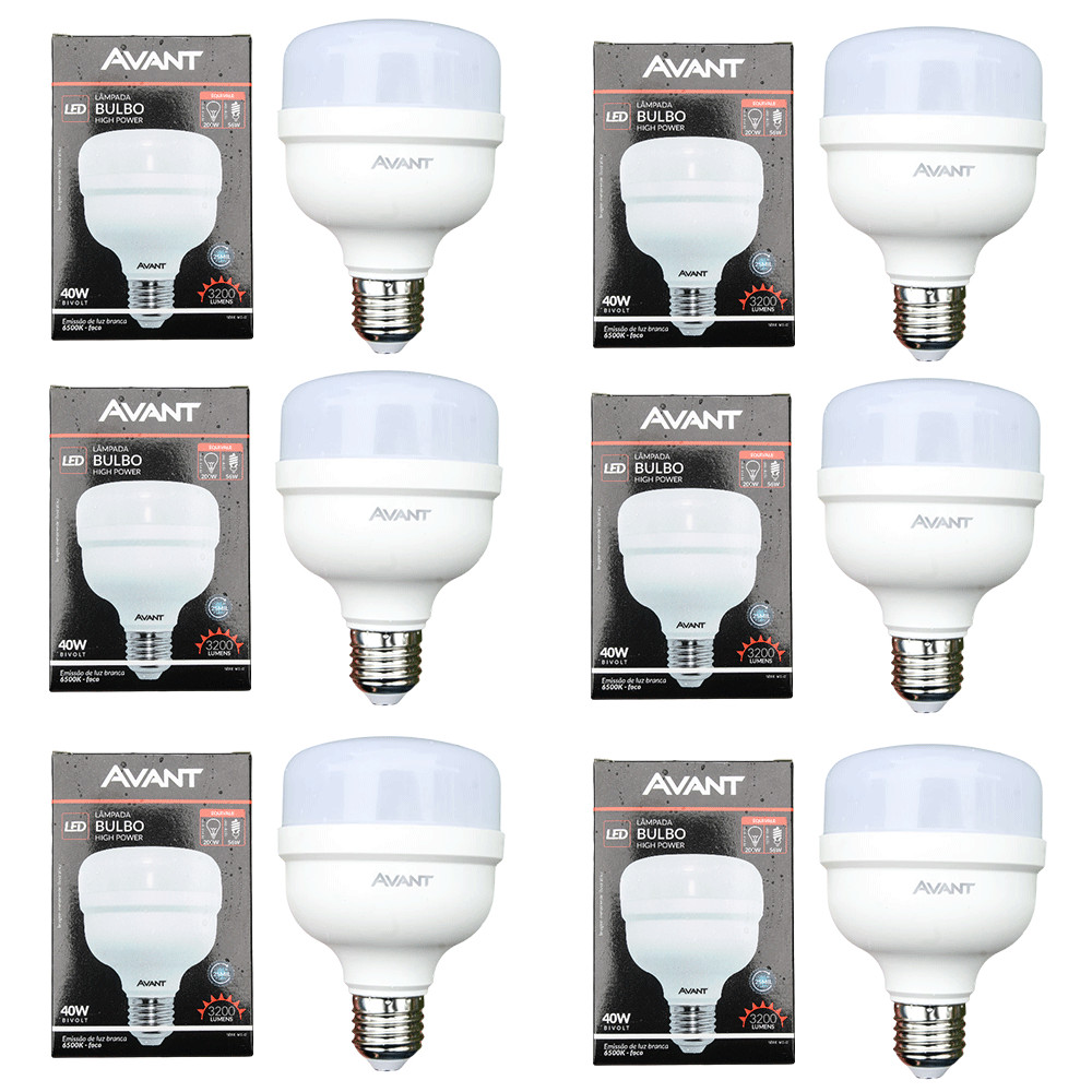 Kit 6 Lâmpada LED Bulbo High Power Avant 40W Bivolt 6500K Branco Frio 3200lm E27 Alta Potência