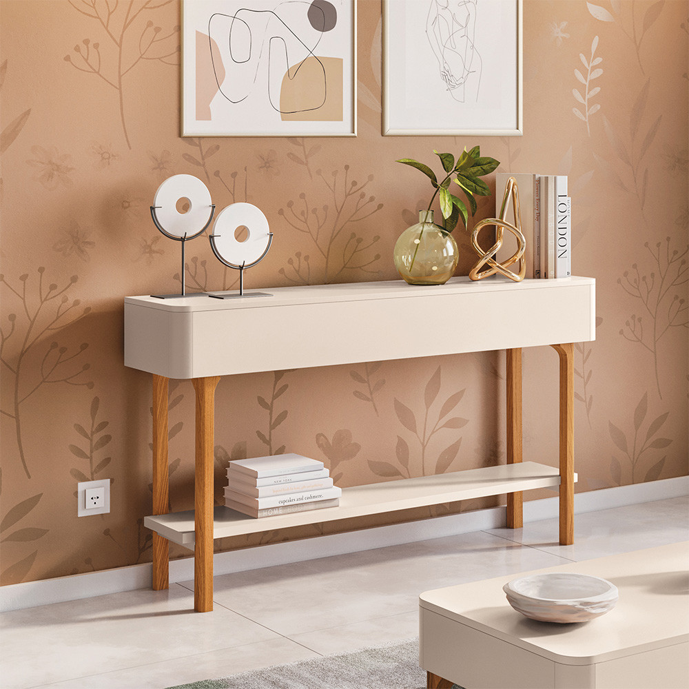 Aparador Para Sala de Estar Orgânico Pés Madeira Maciça 136cm Fontana B01 Off White - Lyam Decor