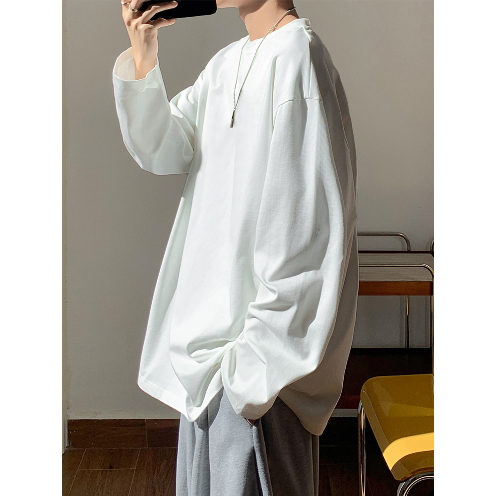 Camiseta masculina de manga comprida de algodão puro primavera outono juventude moletom branco 2026 novo estilo cor sóli
