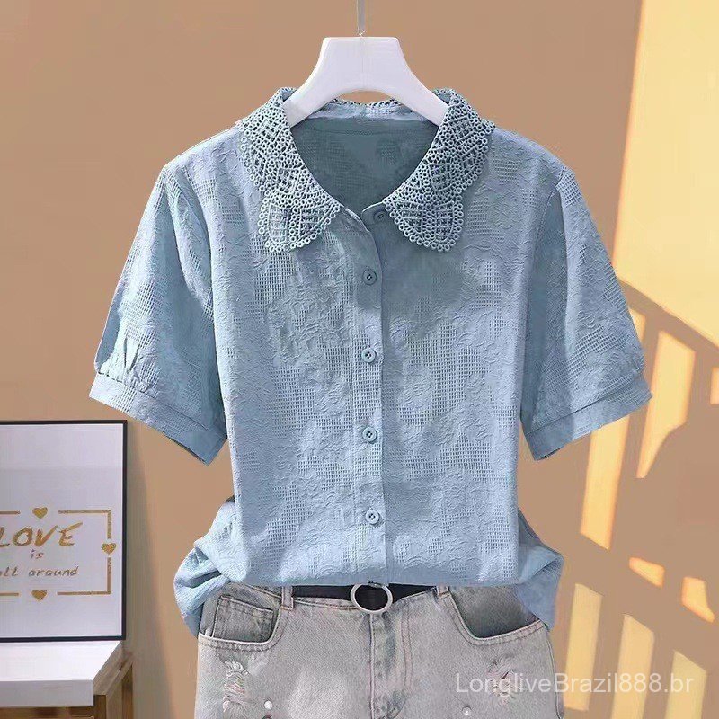 Camisa Feminina de Algodão Puro Bordada em Jacquard 2024, Blusa Feminina 100% Algodão com Gola de Renda, Top Branco Vint