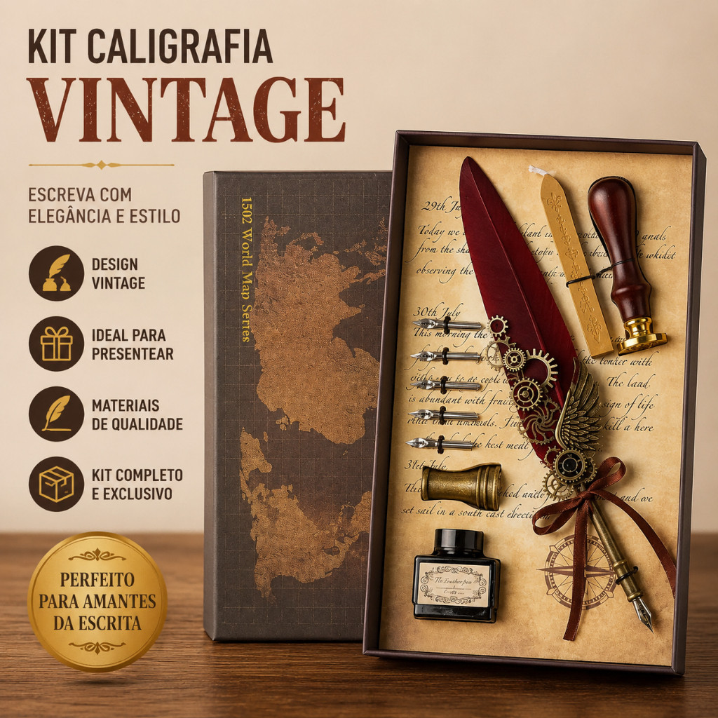 Kit Caneta Tinteiro Com Pena Retro Vintage Carimbo Cera Caligrafia Caixa Presente