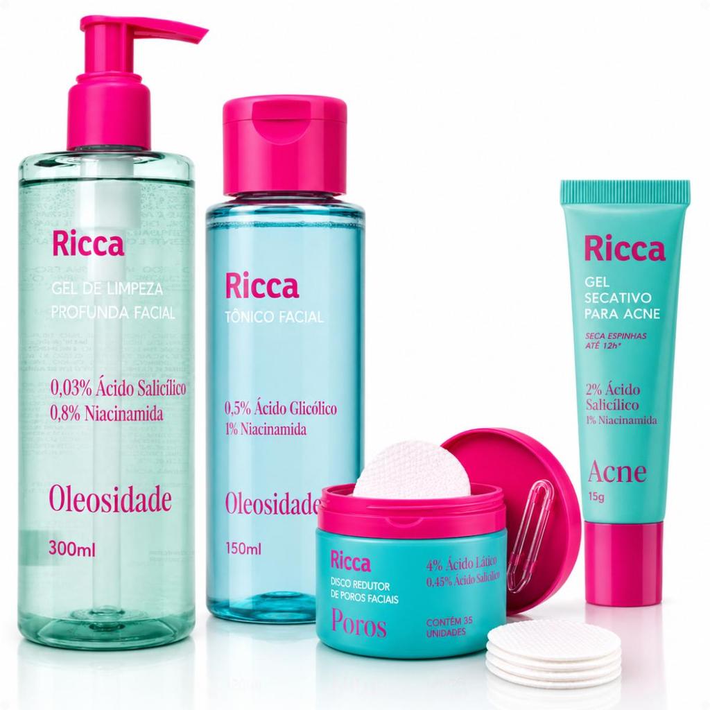 Kit Ricca Facial: Gel De Limpeza Profunda, Tônico, Disco Redutor de Poros e Gel Secativo