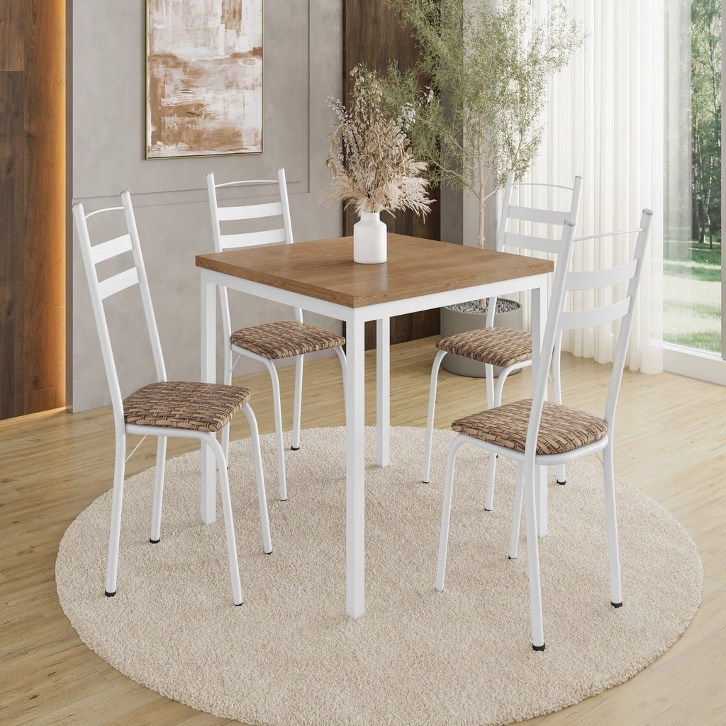 Conjunto Sala de Jantar Mesa Quadrada 90cm Tampo BP com 4 Cadeiras Adriana Branco/Rattan/Demolição
