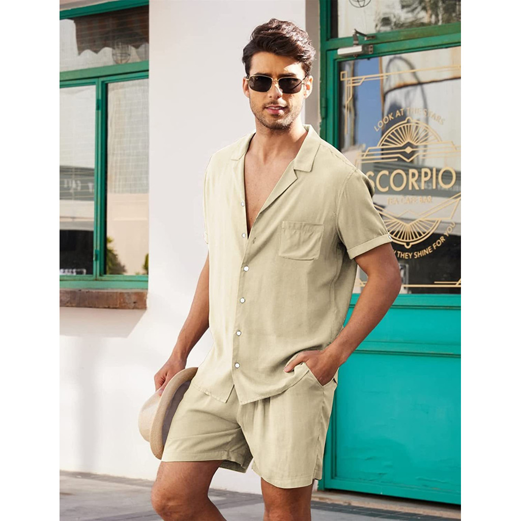 Conjunto Casual Masculino de Linho Camisa Manga Curta e Shorts de Linho com Bolso