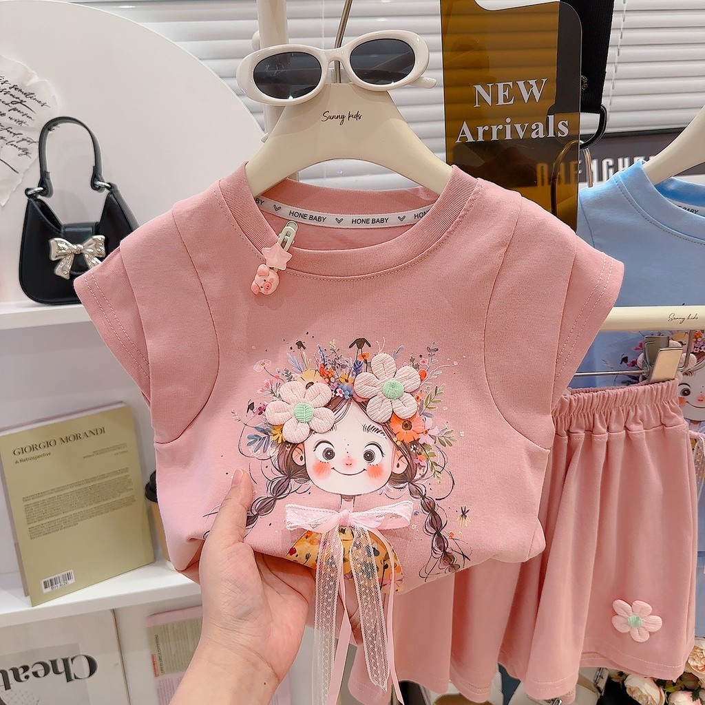 Pronto estoque 80-150CM meninas bonito dos desenhos animados Shorts terno pequeno médio crianças flor colete impresso es