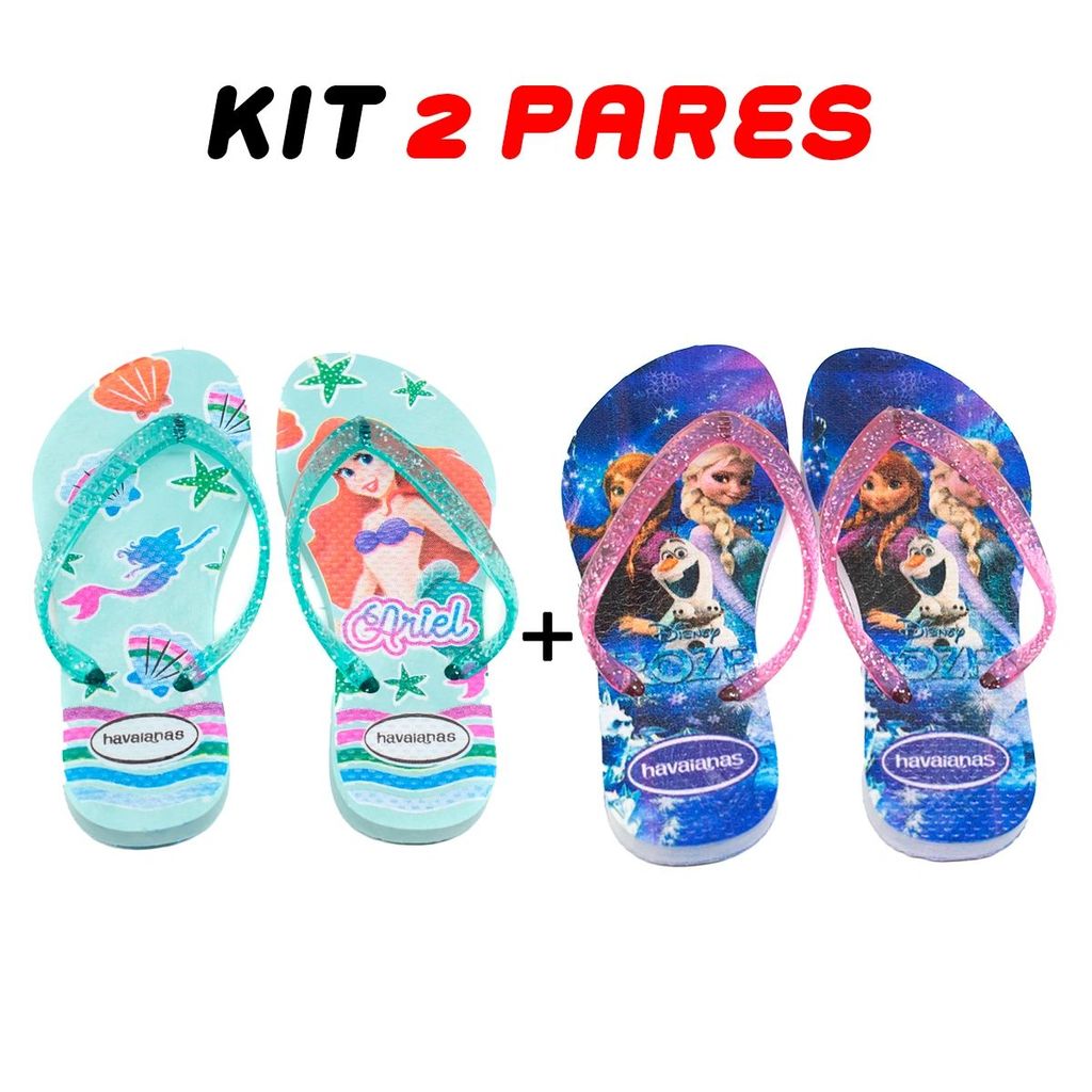 Kit 2 Pares Chinelos Havaianas Infantil Menina Princesas Disney Confortável