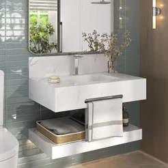 Bancada de Porcelanato para Banheiro com Toalheiro e Cuba Esculpida 70cm Ripy Yescasa Branco/Calacata Calacata