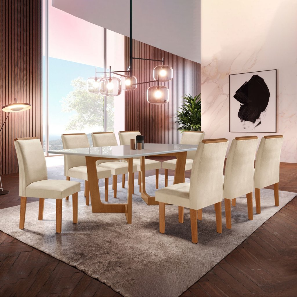 Conjunto Sala de Jantar Nápoles Tampo Vidro/MDF com 8 Cadeiras Luísa Smart Plus