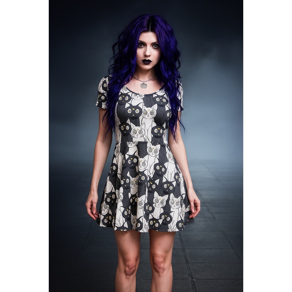 Americano único escuro gótico marinheiro lua marinheiro lua lua LUNA gato preto Rock Punk vestido tamanho grande