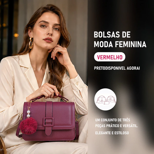 Kit 3 Peças Bolsa Feminina Estruturada com Duas Bolsas de Mão, Alça Transversal Removível e Carteira com Zíper B765 AMY