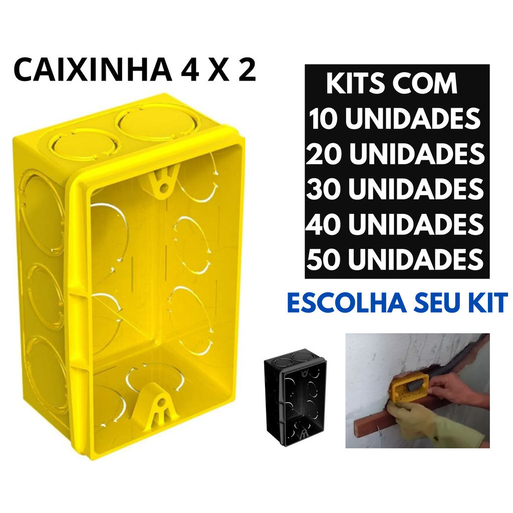 Kit Caixinhas de luz e energia 4x2 p/ elétrica e construção - (Amarela ou Preta) Reforçadas em Oferta na Shopee