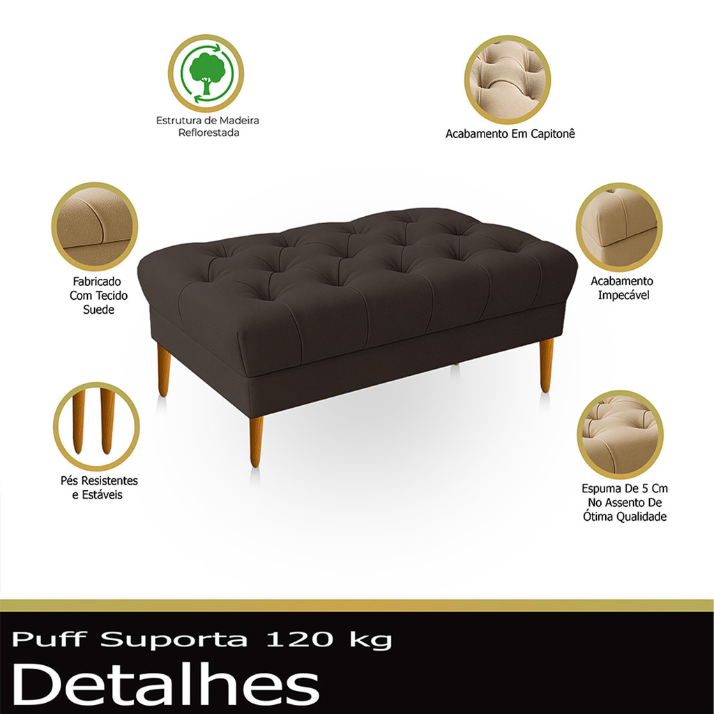Puff Retrô Luiz XV Capitonê Retangular 120 cm Estofado Decorativo Sala de Estar Suede Marrom
