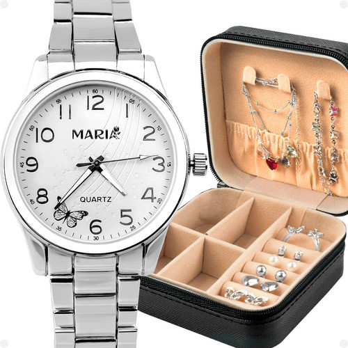 Relogio Feminino Prata Aco + Porta Joia + Colar Pulseira