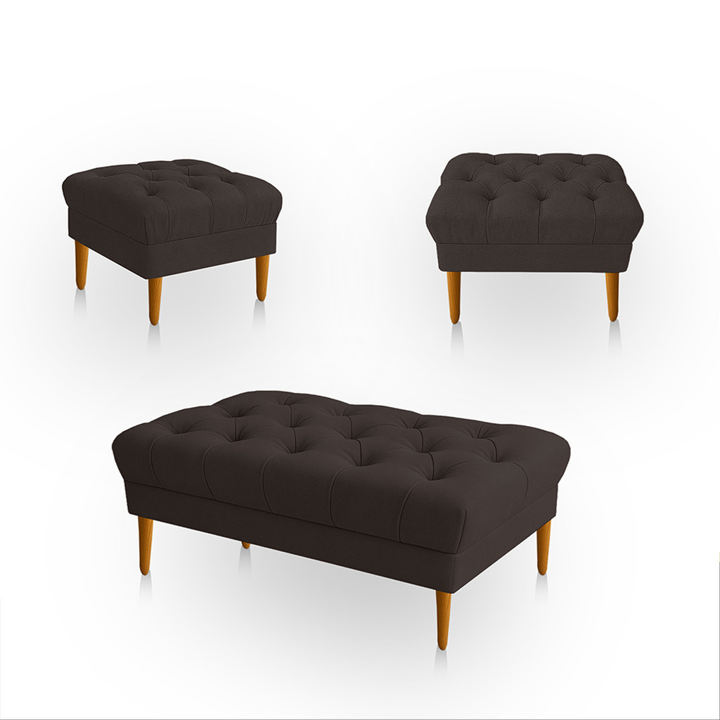 Kit 3 Puff Retrô Luiz XV Capitonê Retangular  Estofado Decorativo Sala de Estar Closet Suede Marom