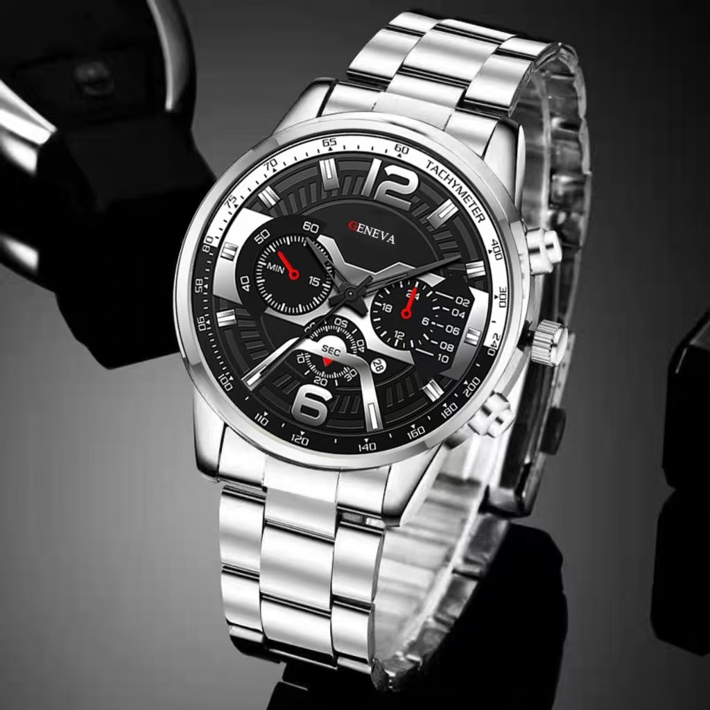 Relógio masculino de negócios caixa em aço inoxidável com indicador de data acompanhado de pulseira e colar prateados em Oferta na Shopee