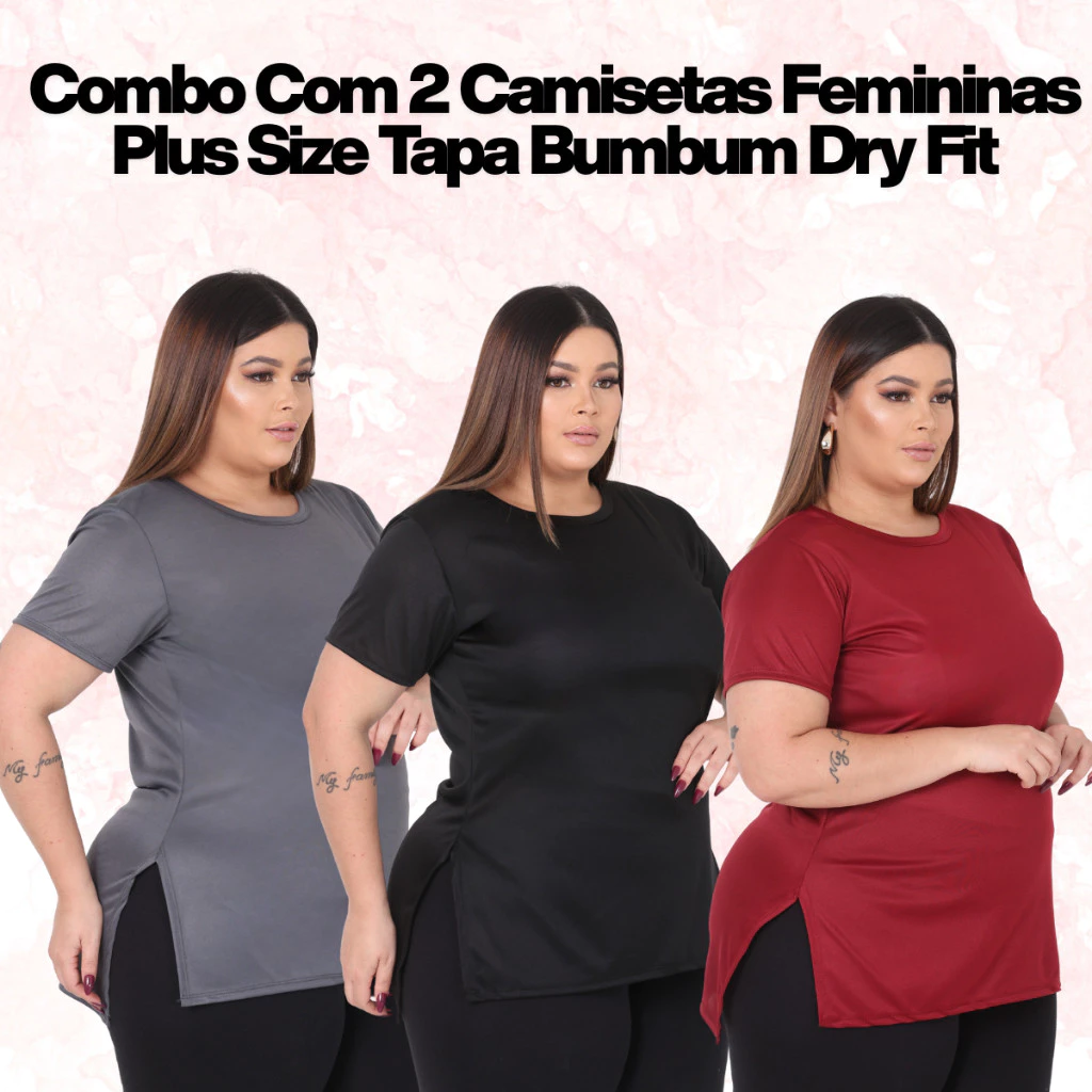 Kit 2 Camisetas Femininas Plus Size Tapa Bumbum Dry Fit Academia Alongada Treino Legging Confortável — imagem 1