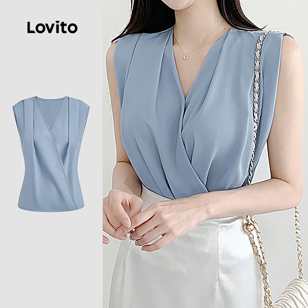 Lovito Blusa Elegante com Pregas para Primavera/verão em Azul Cinza para Mulheres L142ED340 em Oferta na Shopee