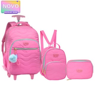 Kit Mochila 18” Escolar Juvenil Com Chaveiro Pompom E Corda Com 2 Rodas Feminino Com Lancheira Térmica E Estojo em Oferta na Shopee