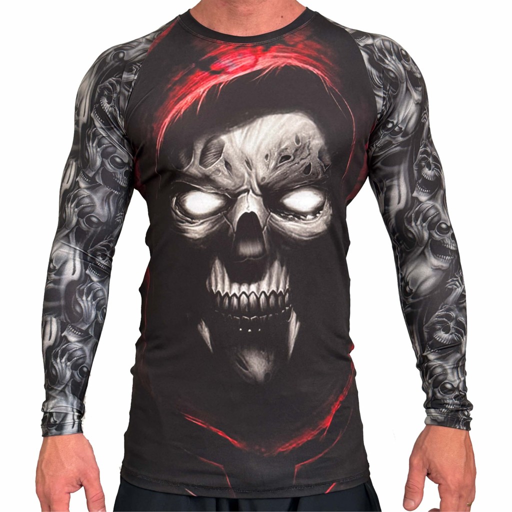 Camisa Térmica UV Rash Guard Masculina Skull Red Manga Longa Atlética Esportes