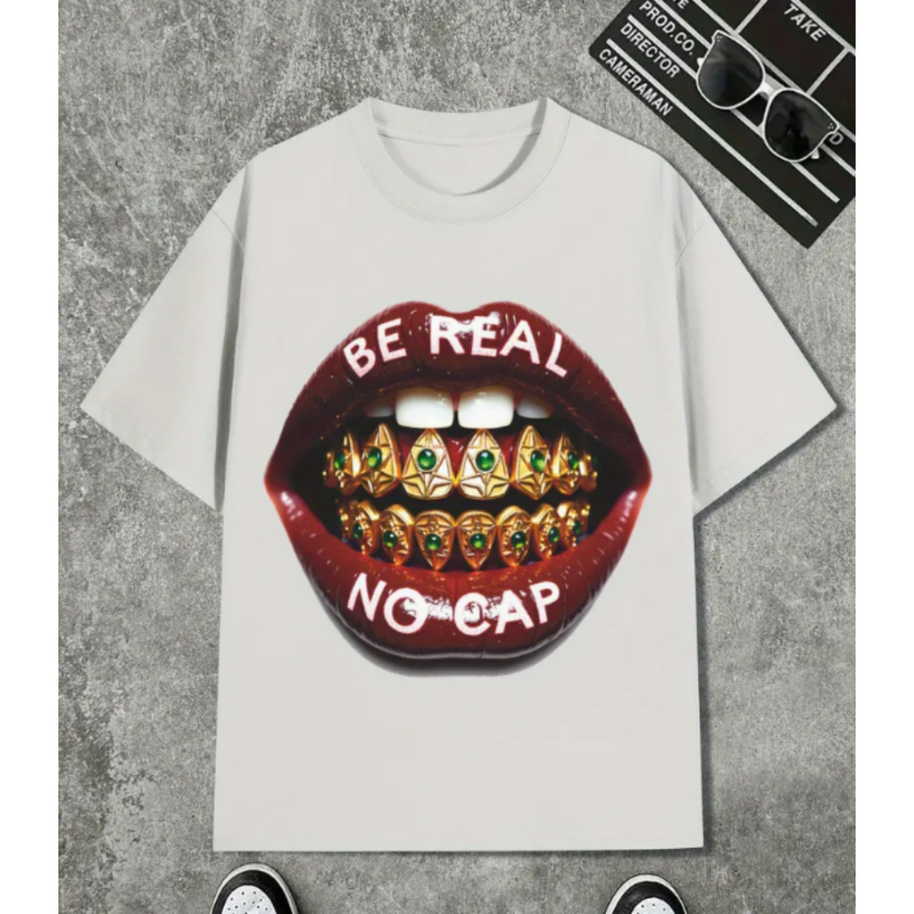 Bonito Camiseta Unissex Casual E Confortável De Algodão Com Estampa De Lábios, Grilo Dourado E Slogan "BE REAL NO CAP"