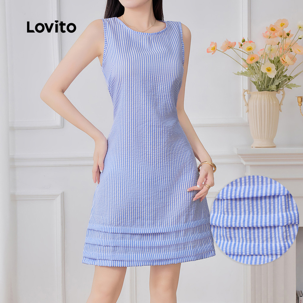 Lovito Vestido Casual de Cores Blocadas para Primavera/verão Azul e Branco para mulheres L149LD170 em Oferta na Shopee
