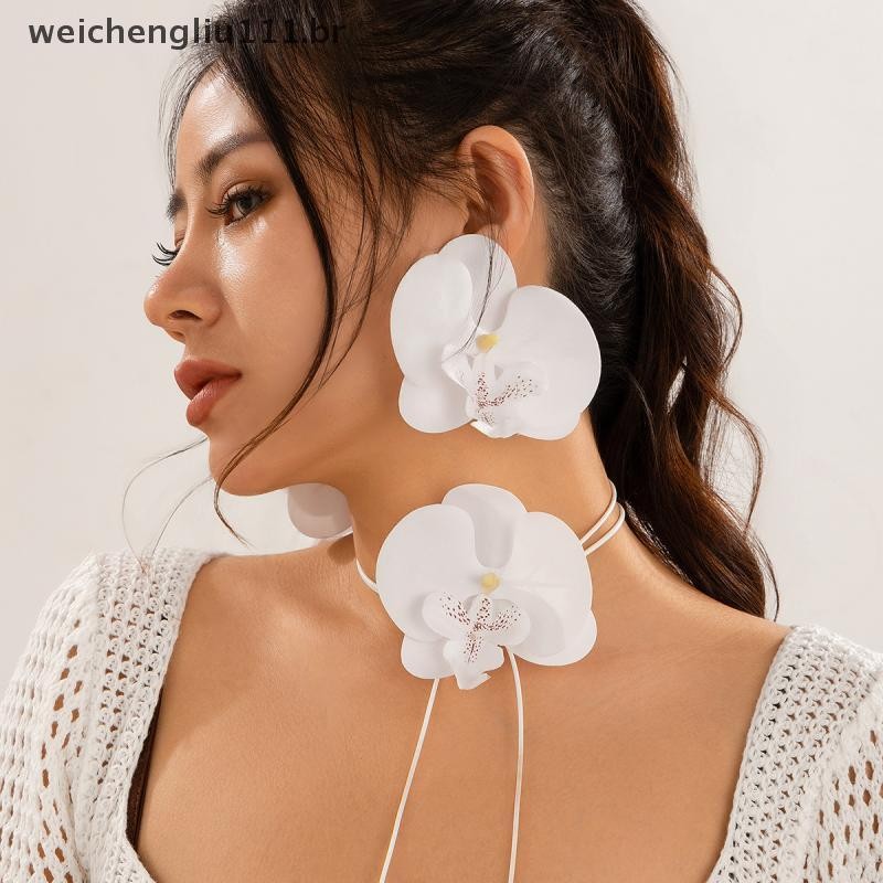 # weicheng Moda Orquídea Brincos Colar Para Mulheres Exagerado Grande Flor Temperamento Jóias De Casamento Presentes .