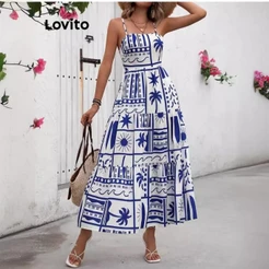 Lovito Azul Férias Vestido geométrico para mulheres LNL100413