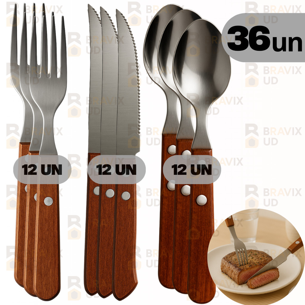 Jogo de Talheres 36 PEÇAS de Cozinha Inox CABO DE MADEIRA 12 Garfos + 12 Facas + 12 Colheres de Mesa Talher em Oferta na Shopee