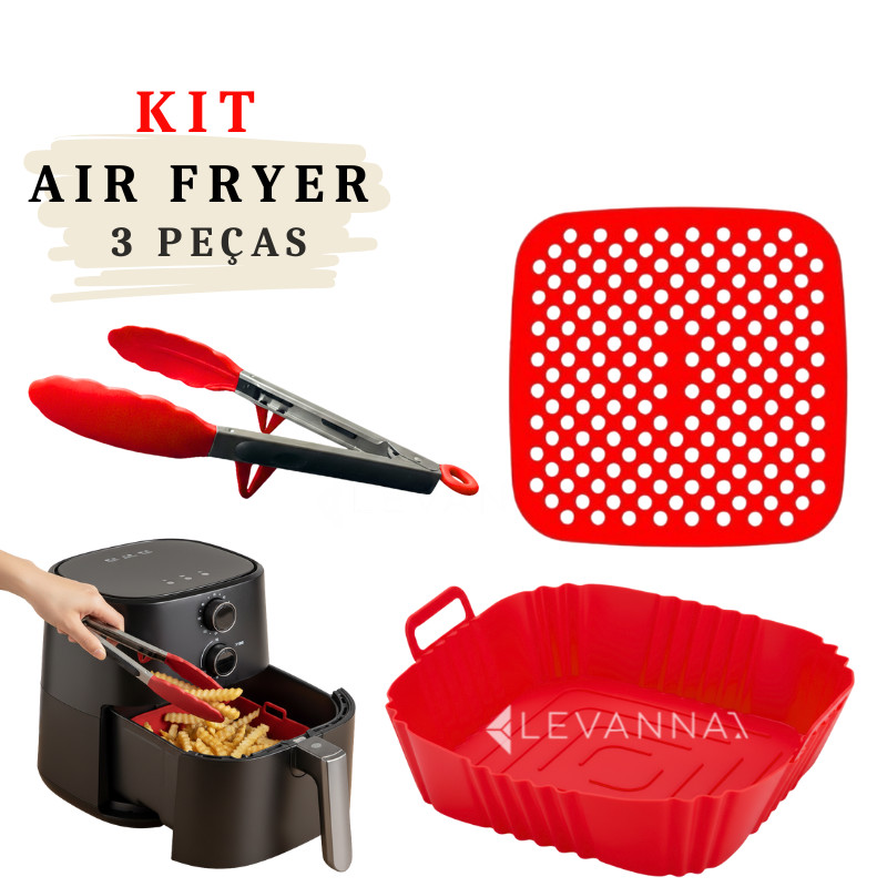 Kit Forma Quadrada Silicone Air Fryer 21cm + Tapete + Pegador Antiaderente Reutilizável