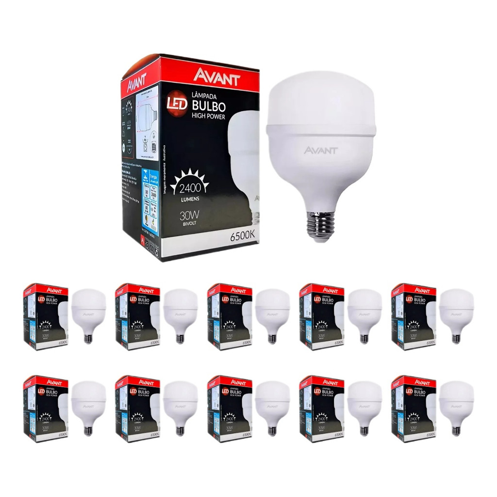 Kit 10 Lâmpada Bulbo Led 30w Bivolt 6500k E27 - Avant Branco frio