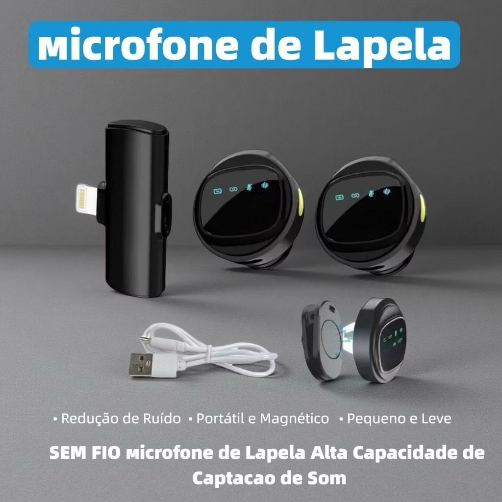 Mini Lapela Microfone de Lapela sem Fio Magnetico Minimen-Lightning E TIPO C