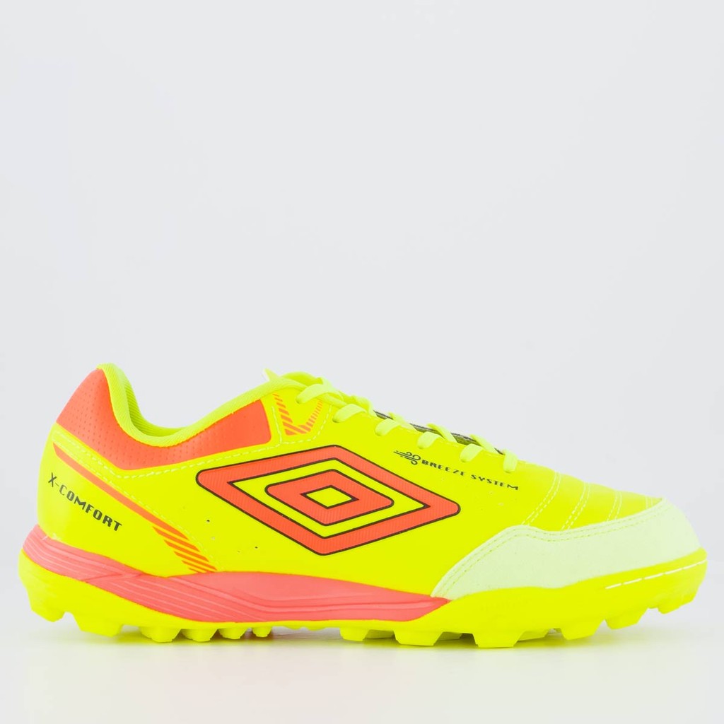 Chuteira Umbro X-Comfort Society Amarela Neon e Coral em Oferta na Shopee
