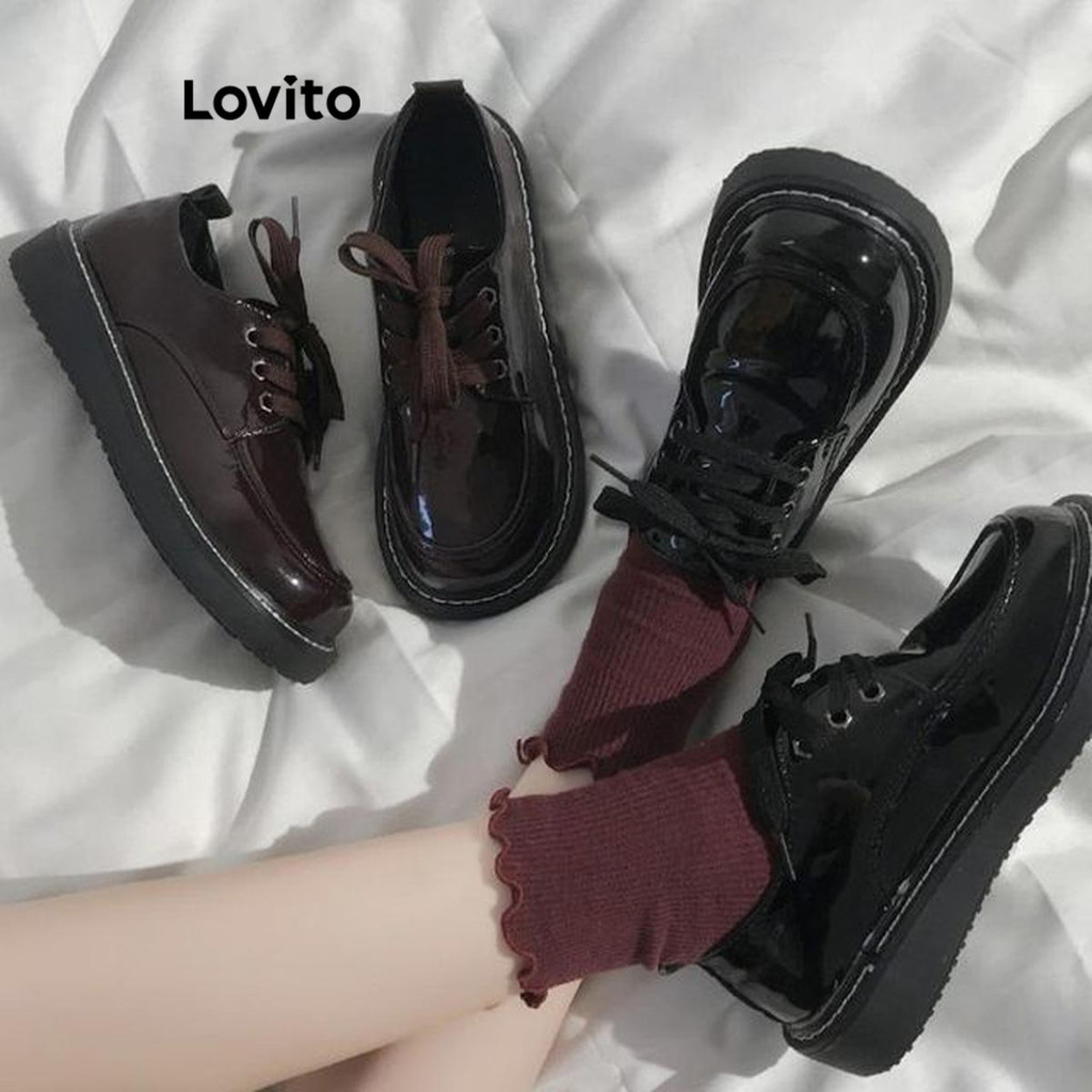 Lovito Preppy Plain Estilo Britânico Retro Japonês Jk Lace Up Loafers Daily Wear Mary Jane para Mulheres LFA58335 em Oferta na Shopee