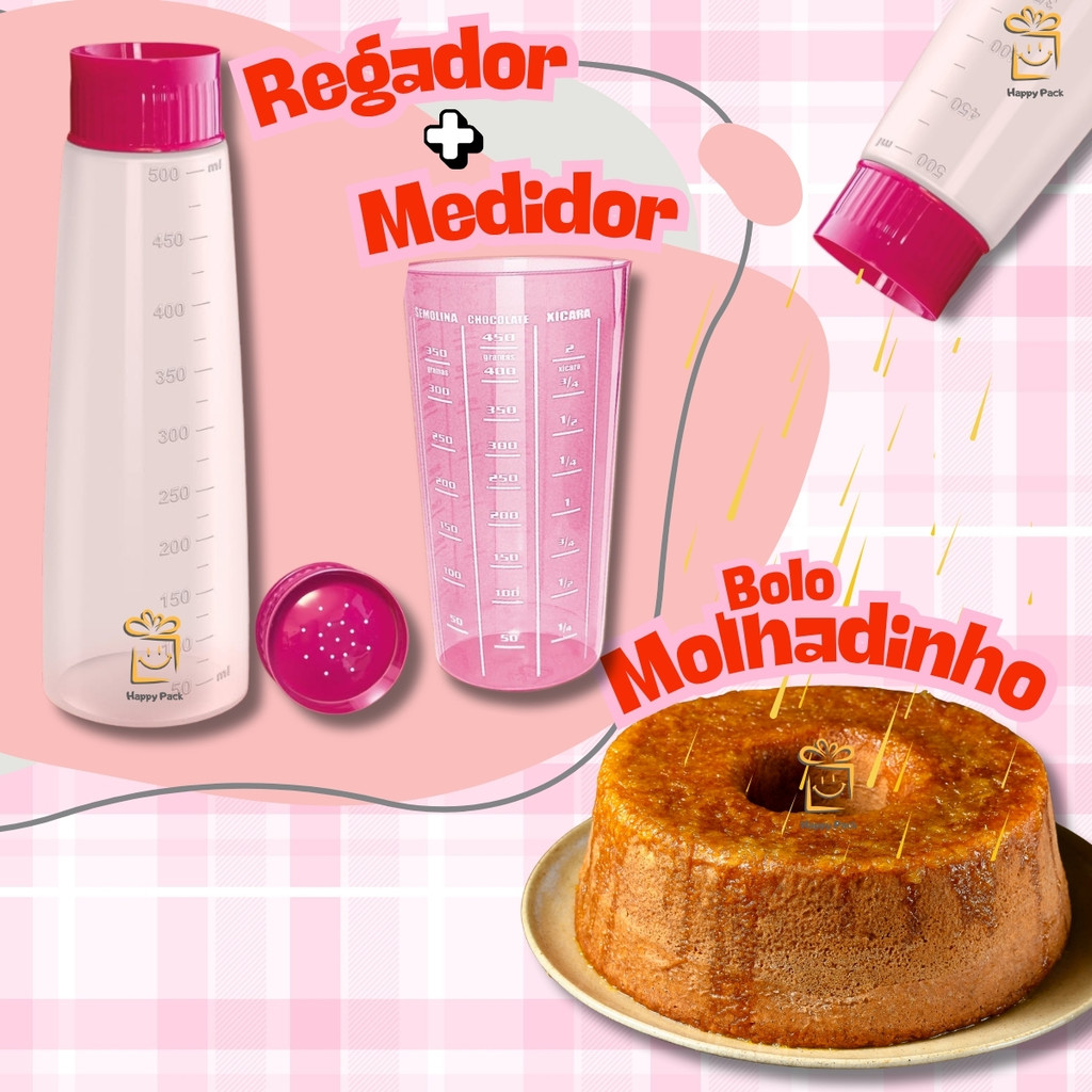 Kit Regador Bolo Umedecedor de Bolo + Copo Medidor Rosa 570ml