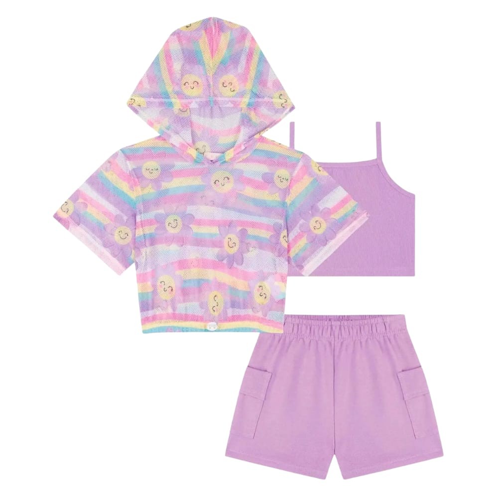 Trio Lilás Top em Canelado Blusa Boxy em Tela e Shorts em Moletom s/Pelúcia Kukiê