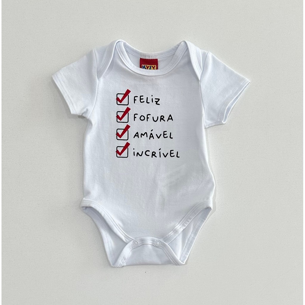 Body Infantil Bebê Kyly Branco Estampa Checklist Feliz Fofura Amável Incrível Menino Menina Moda Kids