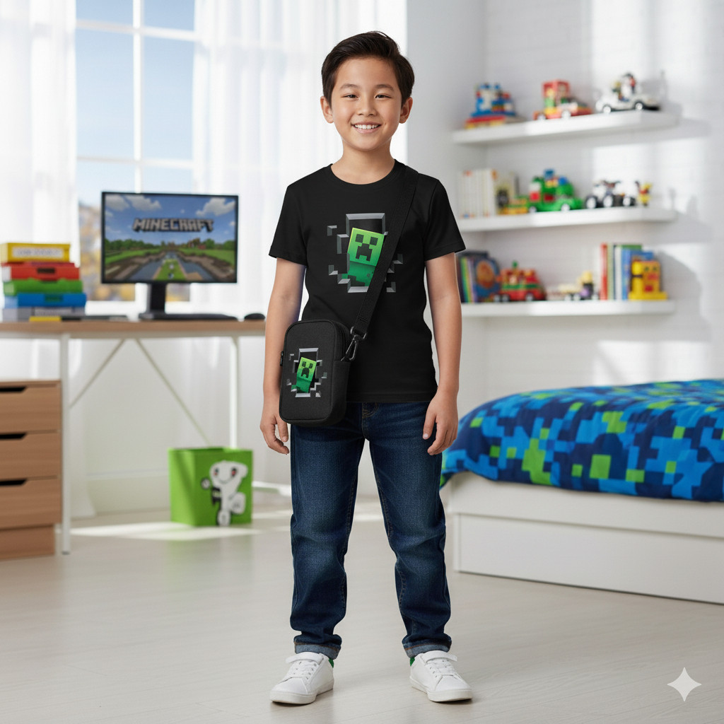 Kit Roupas Minecraft Infantil – Camiseta Azul Unissex com Bolsa Estampada Creeper