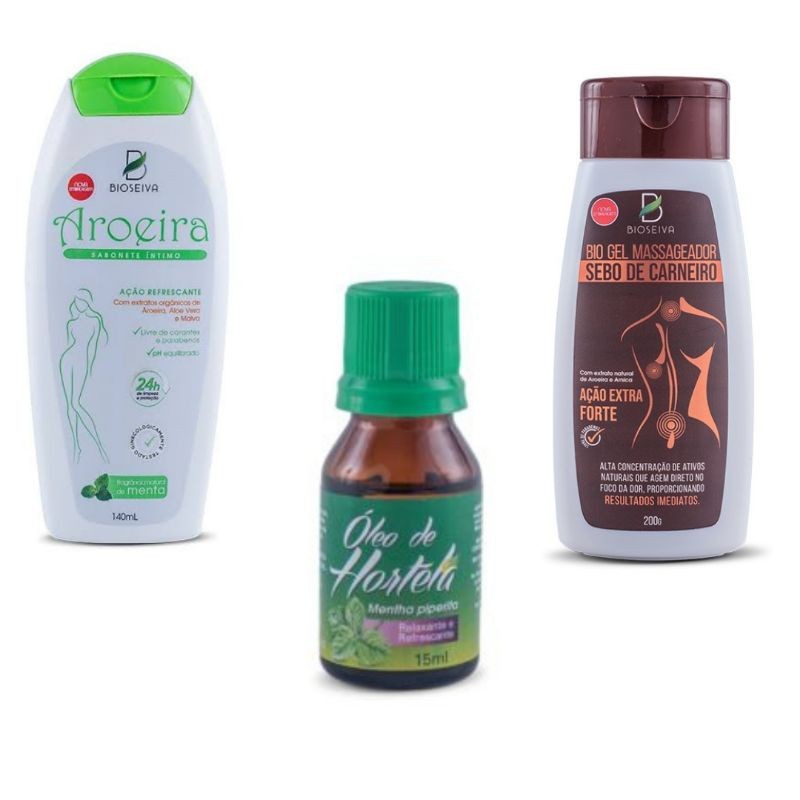 Kit Bio Seiva 3 Produtos | Biogel Sebo de Carneiro + Sabonete Íntimo Aroeira Menta + Óleo de Hortelã 15ml