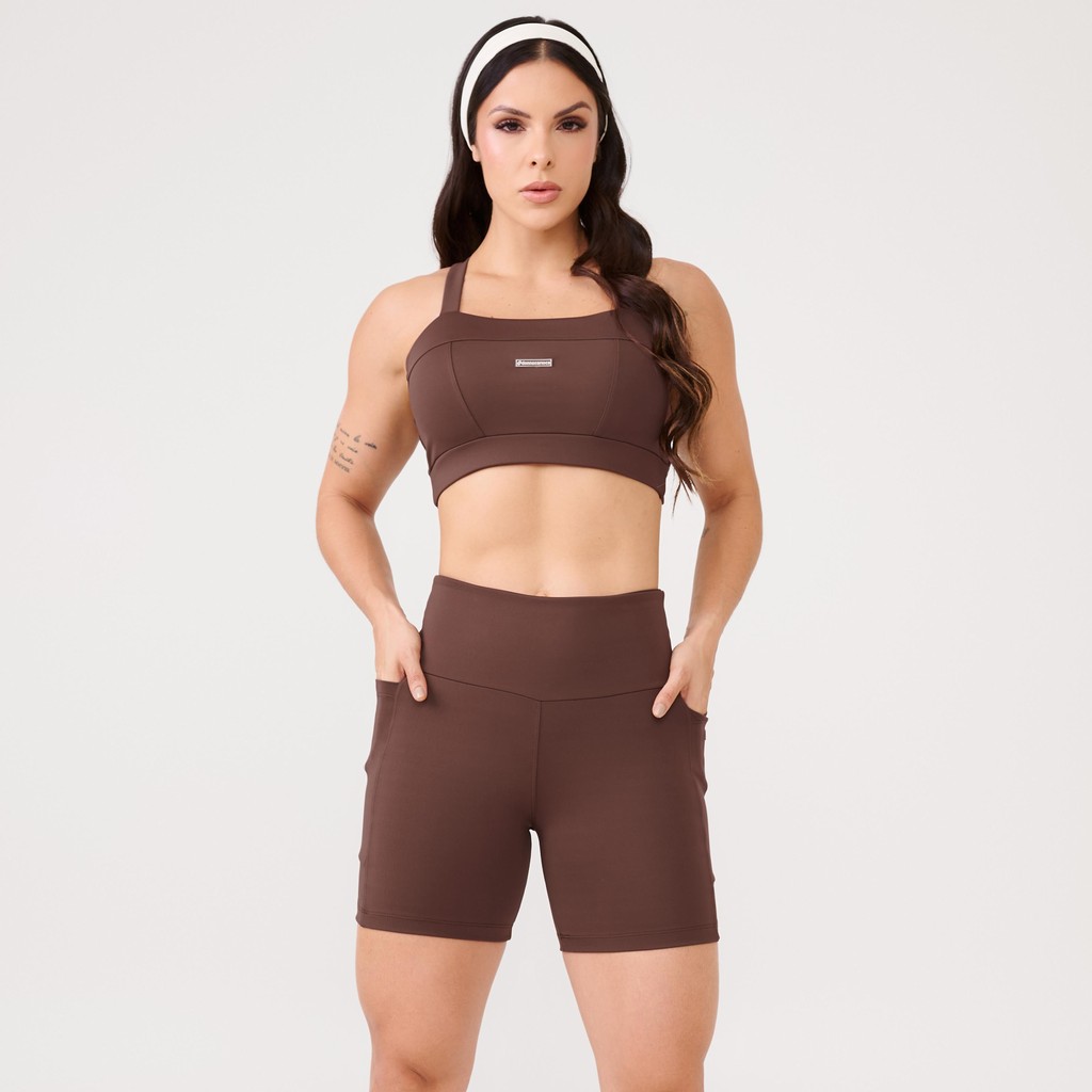 Short Essential Marrom Chocolamore Poliamida Com Bolso em Oferta na Shopee