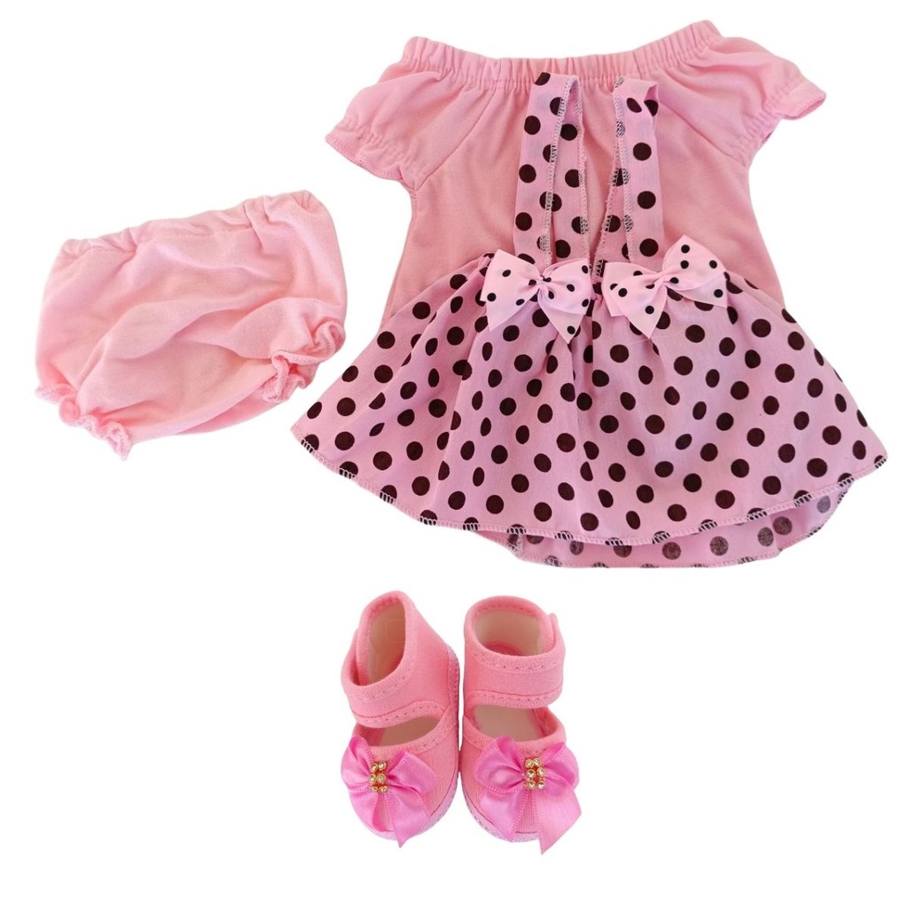 Kit Roupinha Bebê Reborn Jardineira Vestido + Sandália em Oferta na Shopee